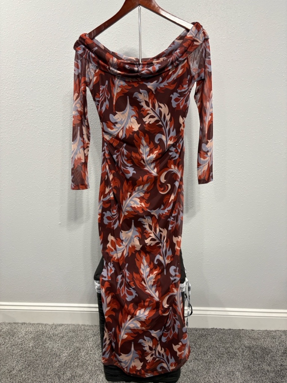 Off-Shoulder Rust Floral Midi Dress